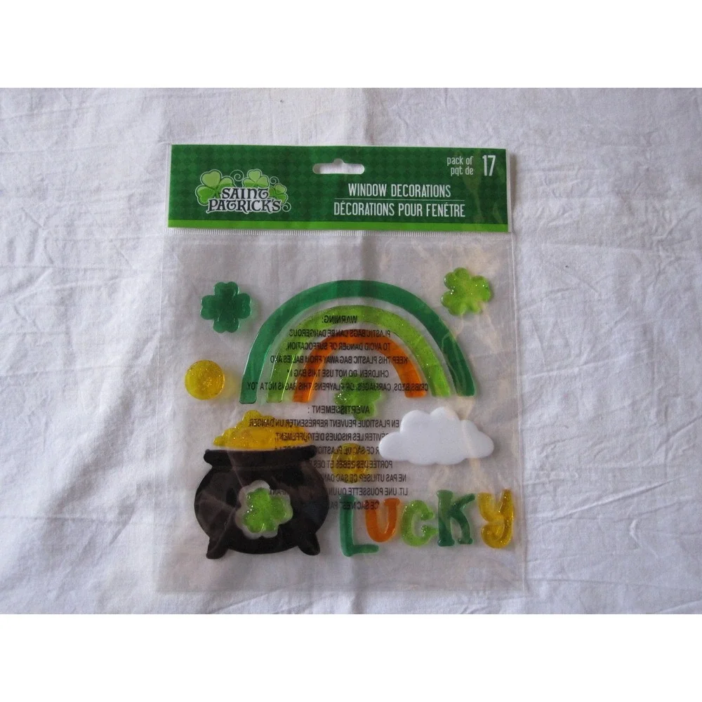 NEW Happy St Pats Day Rainbow Shamrock LUCKY Pot of Gold Window Gel Clings 17 ct